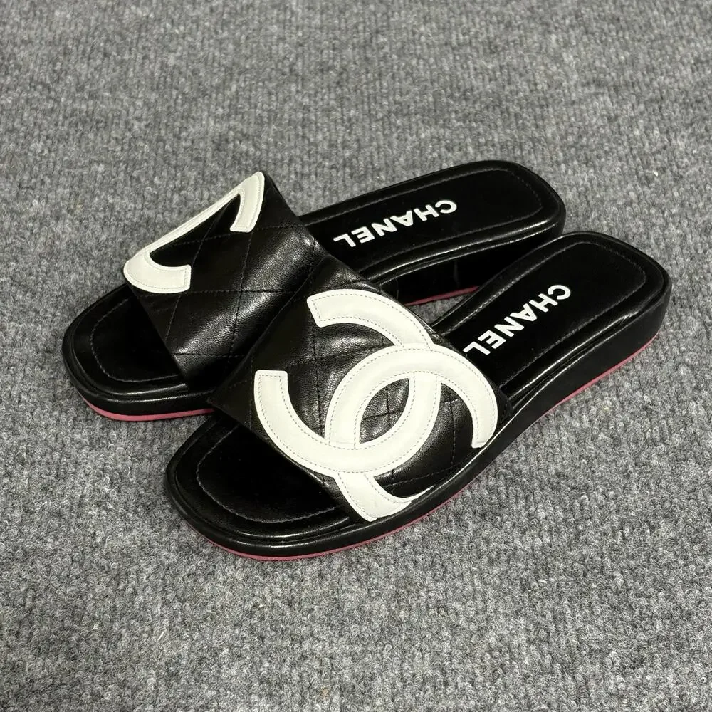 Chanel Cambon Slide Sandals Womens 5.5 Black Leather Quilted Logo Flat Shoe Pink